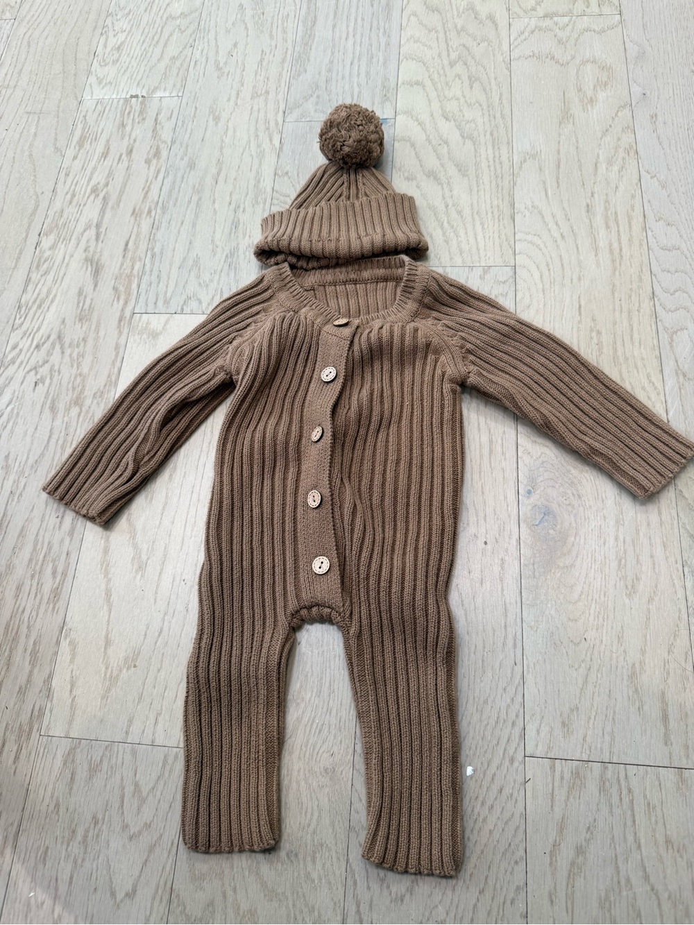 Cozy Ribbed Knit One-Piece with Pom Hat - Brown